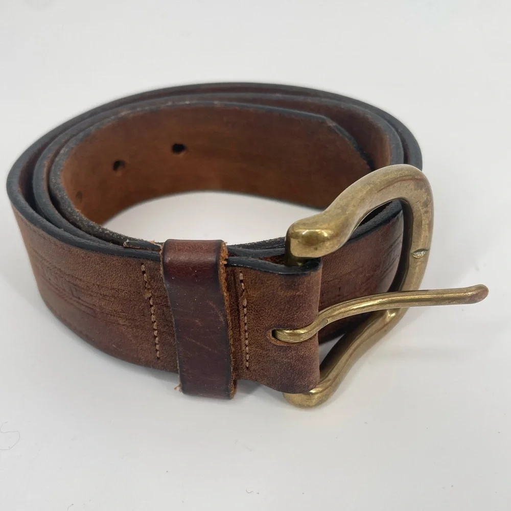Vintage Brown Full Grain Leather Belt Size 32 With Solid Brass Buckle USA Made